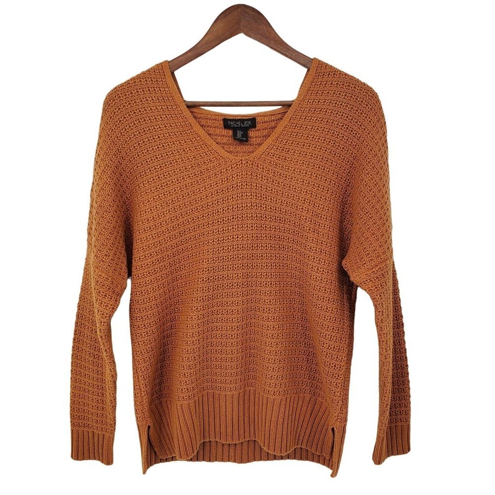 Rachel Zoe Waffle Knit Sweater Womens Sz S Copper Color‎ Hooded Pullover V-Neck
